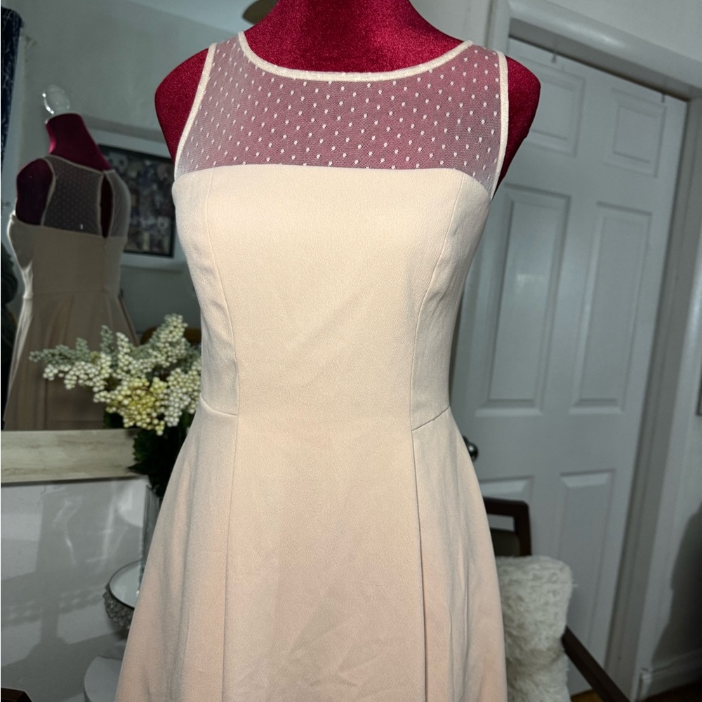 Aidan Mattox Cream Sleeveless Midi Dress with Sheer Polka Dot Yoke